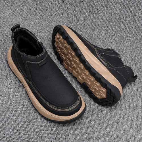 高帮男鞋冬季加绒保暖厚底雪地靴真皮防滑轻便时尚套筒切尔西棉靴 - 图3