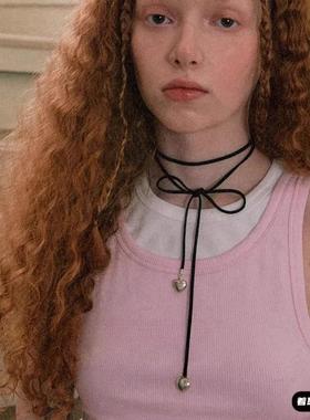 韩系黑色蝴蝶结丝带爱心项链绑带颈链锁骨链甜酷choker脖子配饰品