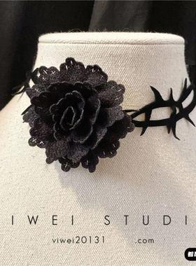 万圣节装饰「带刺玫瑰」黑色绑带茶花设计暗黑系朋克锁骨链项圈女