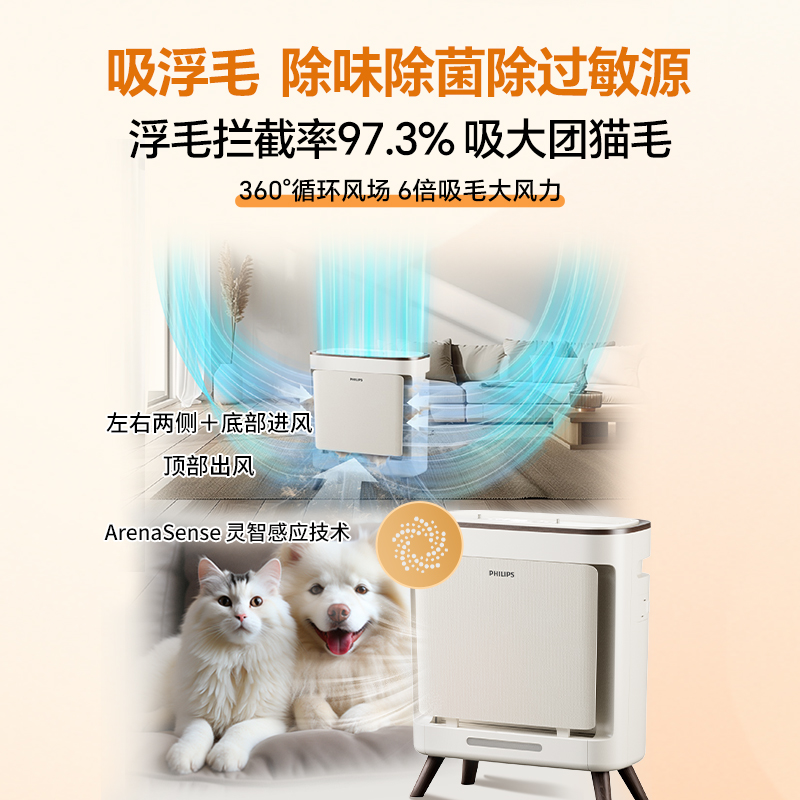 飞利浦猫毛空气净化器宠物专用吸浮机家用除甲醛味过敏源菌AC3680