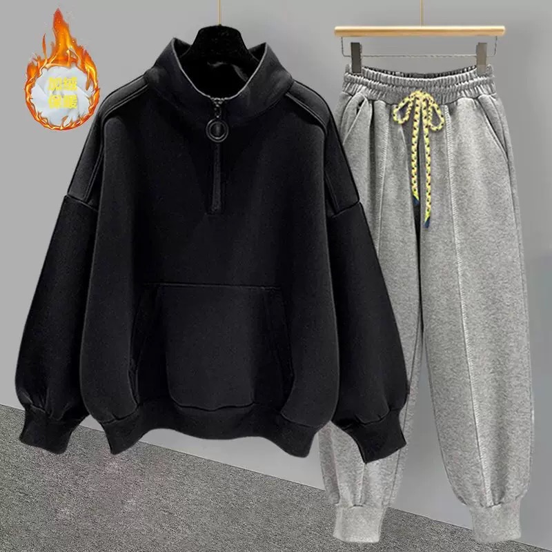 拉链立领卫衣套装男秋冬季加绒加厚港风潮流长袖外套一整套 - 图1