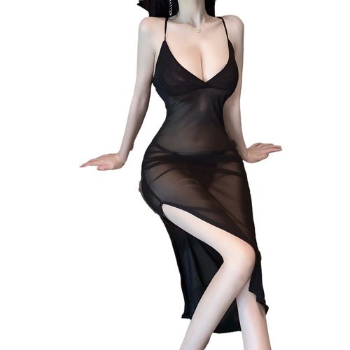 夜场酒吧衣服透视网纱吊带裙夏季女装显身材高腰开叉中长款连衣裙 - 图1