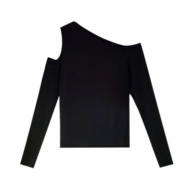 黑色修身斜肩长袖T恤女露肩上衣设计感小众不规则百搭新款打底衫,淘宝优惠券,粉丝福利购,淘宝优惠卷