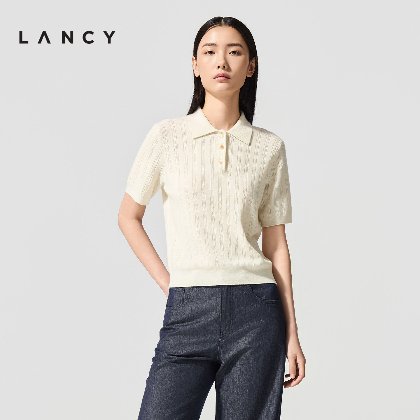 【纯羊毛】LANCY/朗姿2026春新款气质复古POLO领竖条纹短袖针织衫,淘宝优惠券,粉丝福利购,淘宝优惠卷