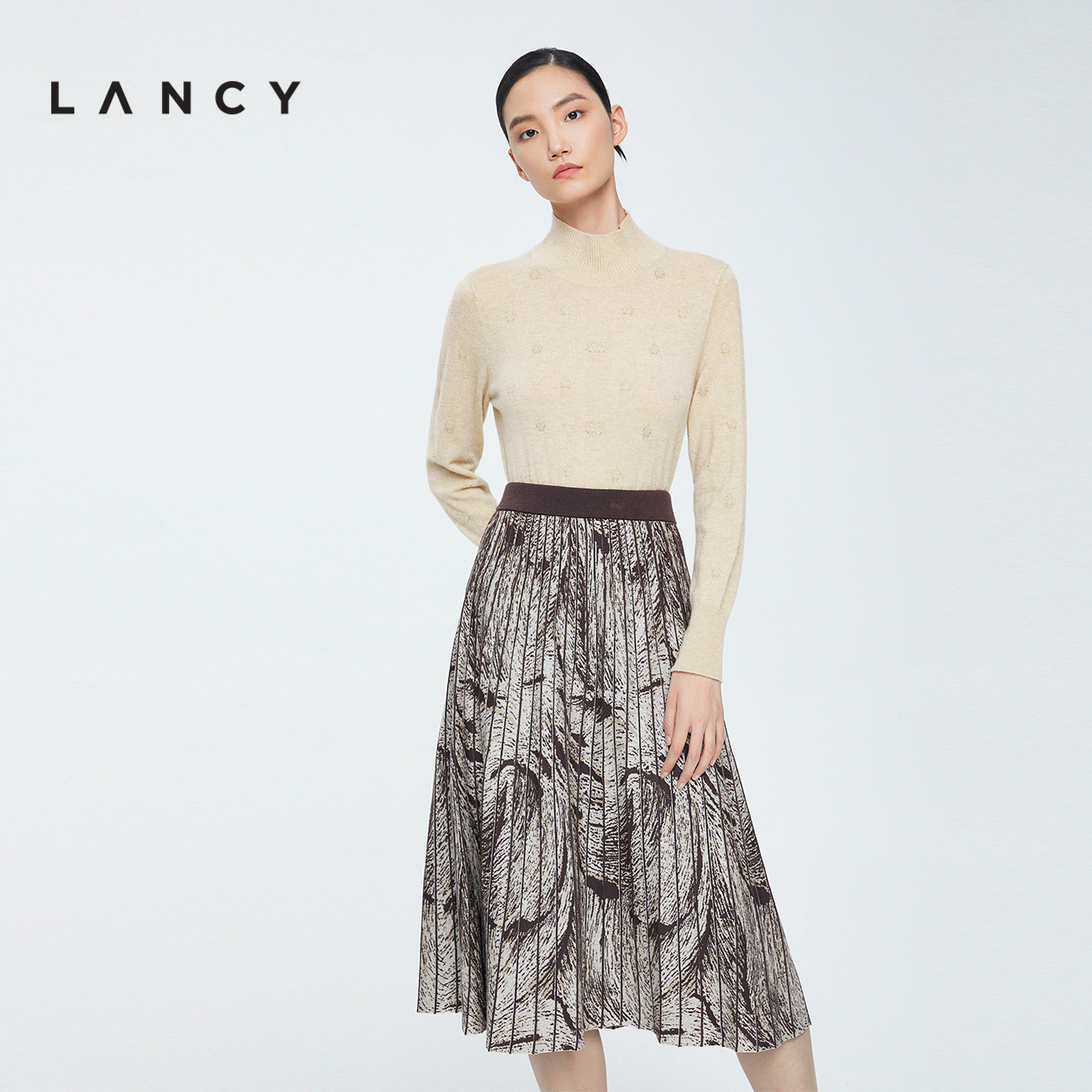 【羊毛衫】LANCY/朗姿羊绒衫2022冬季新款立领针织打底衫女通勤 - 图0