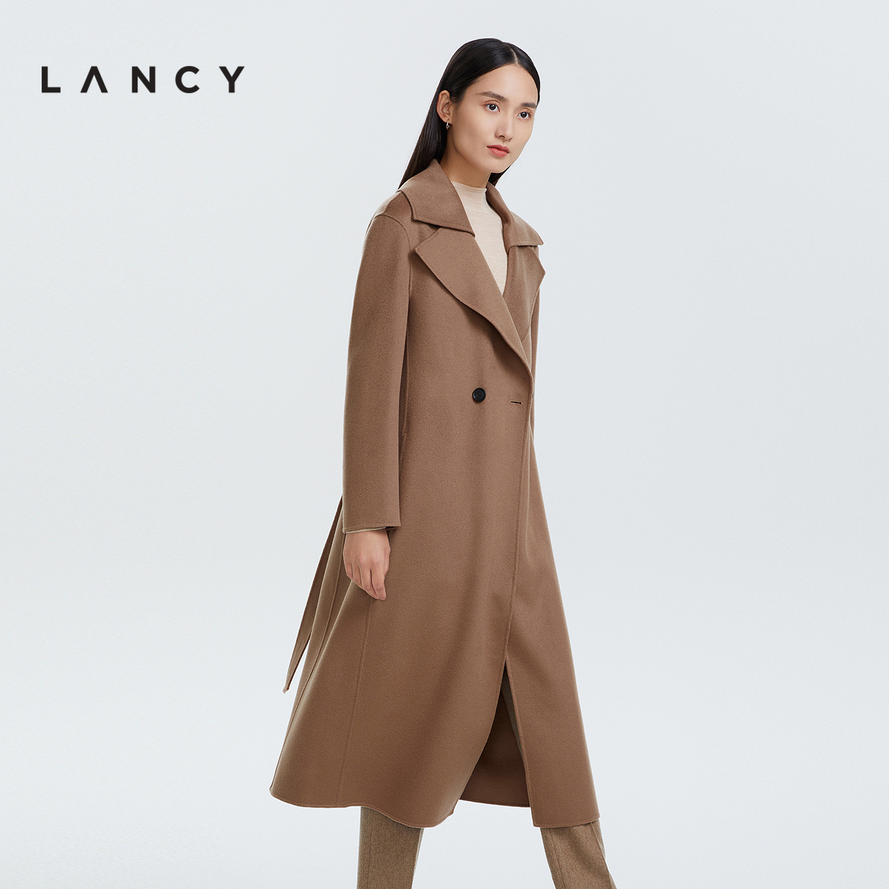 LANCY/朗姿山羊绒大衣2022冬季新款通勤高级感中长款宽松长外套女-图1