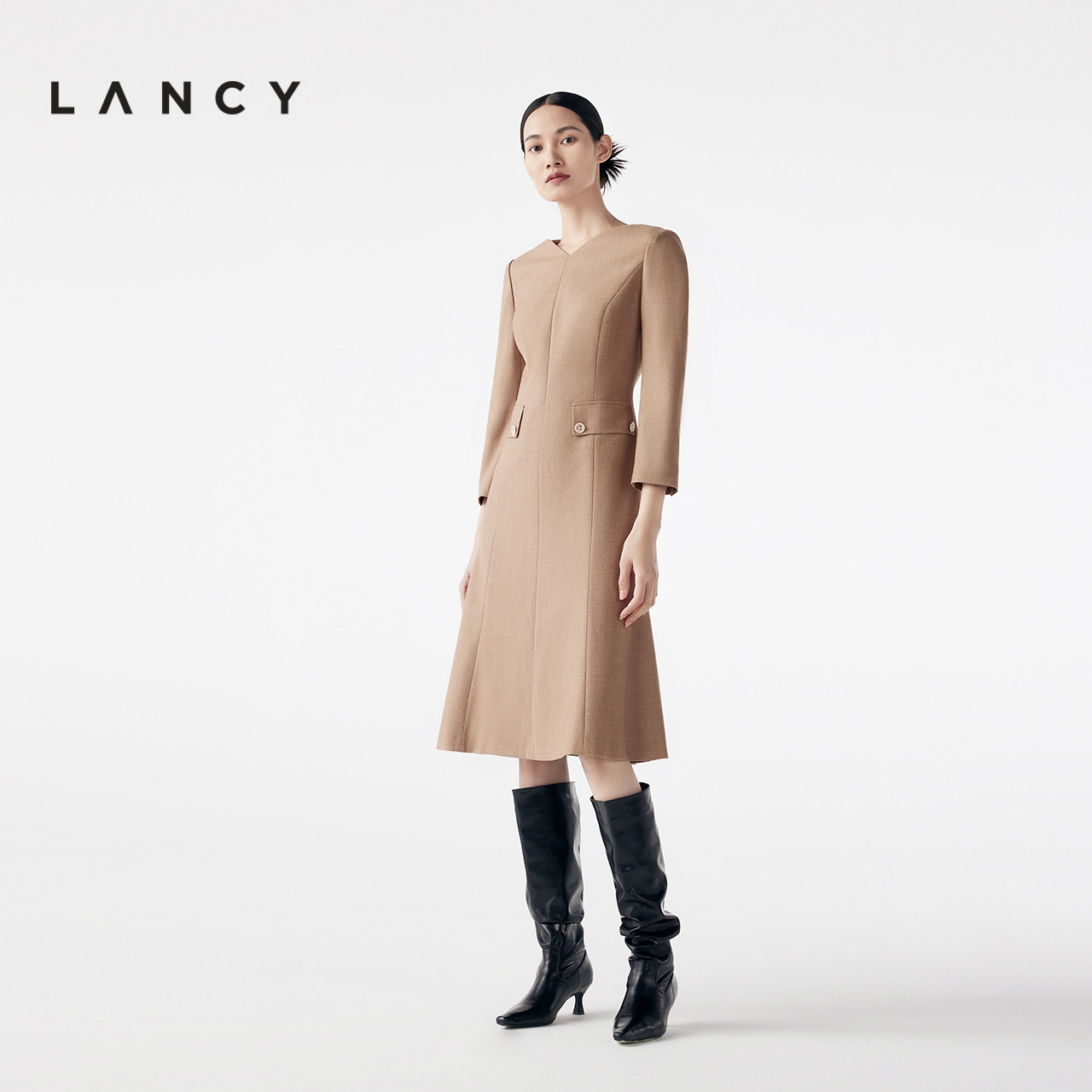 LANCY/朗姿2023秋冬新款修身羊毛连衣裙中长款轻熟优雅气质裙子女