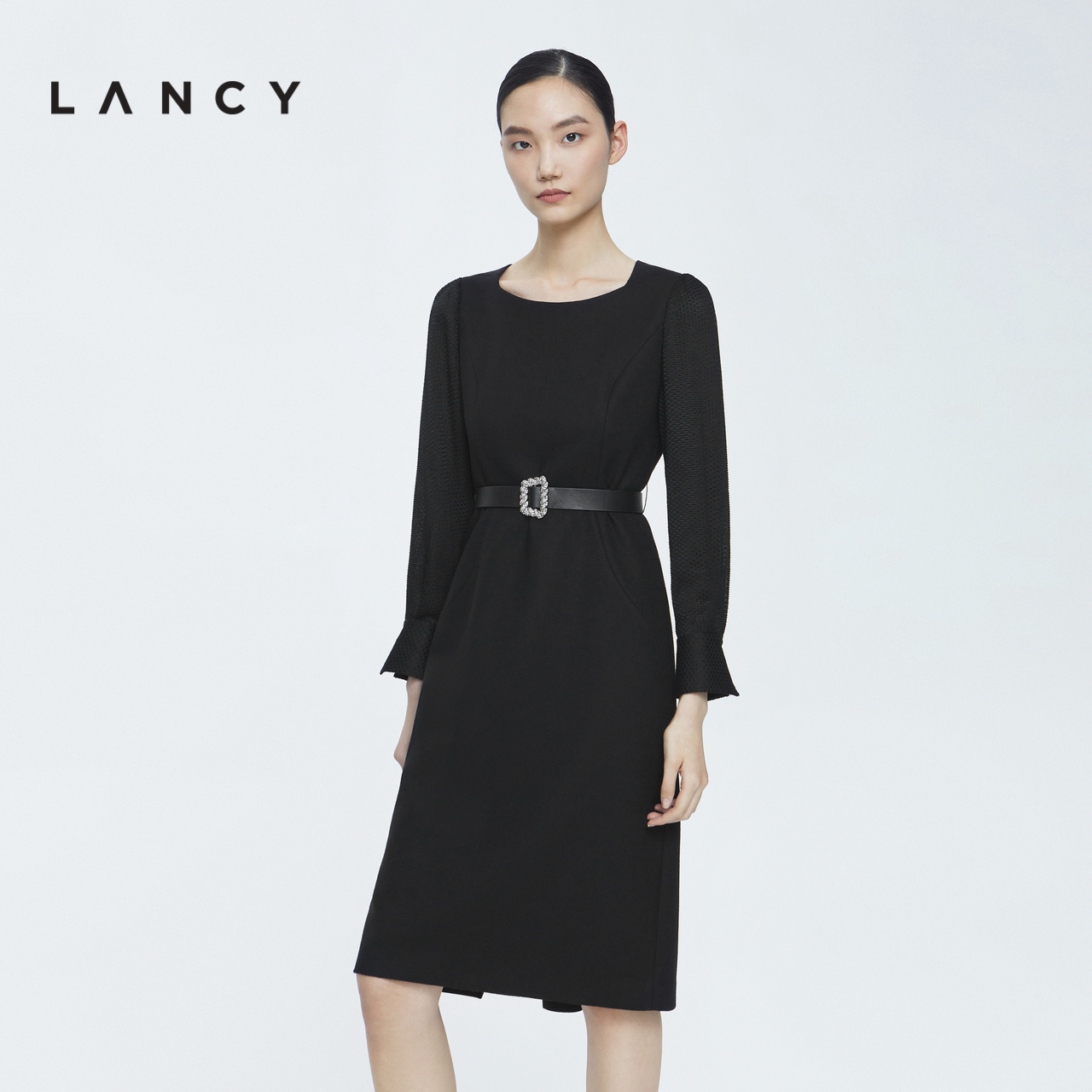 LANCY/朗姿纯羊毛2022冬季新款黑色中长款连衣裙女收腰长修裙子