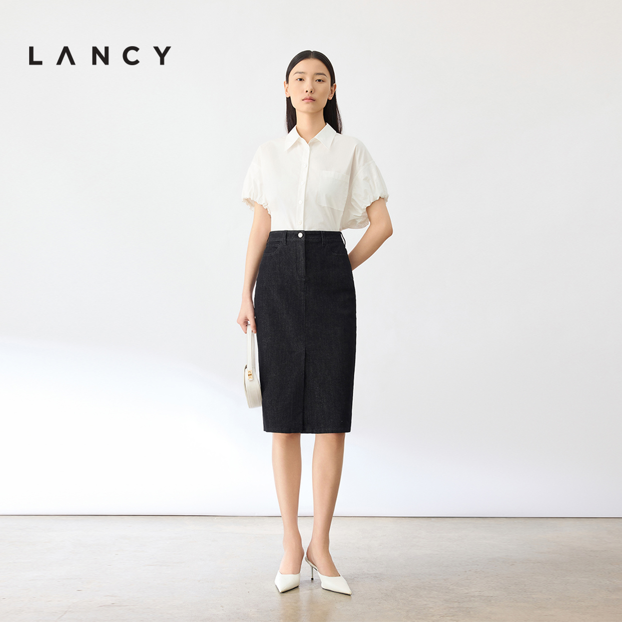 LANCY/朗姿2024夏季法式泡泡袖白衬衫女纯棉短袖通勤气质百搭上衣