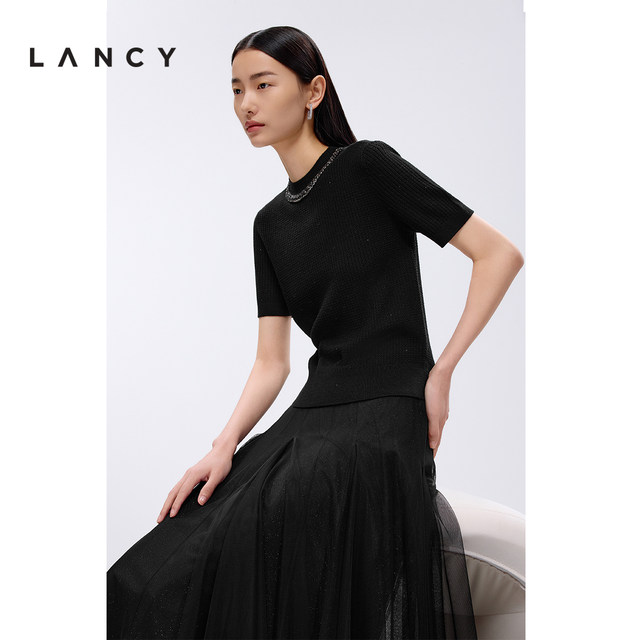 Langzi 2025 spring new style French style short-sleeved sweater bright diamond black round neck T-shirt top for women
