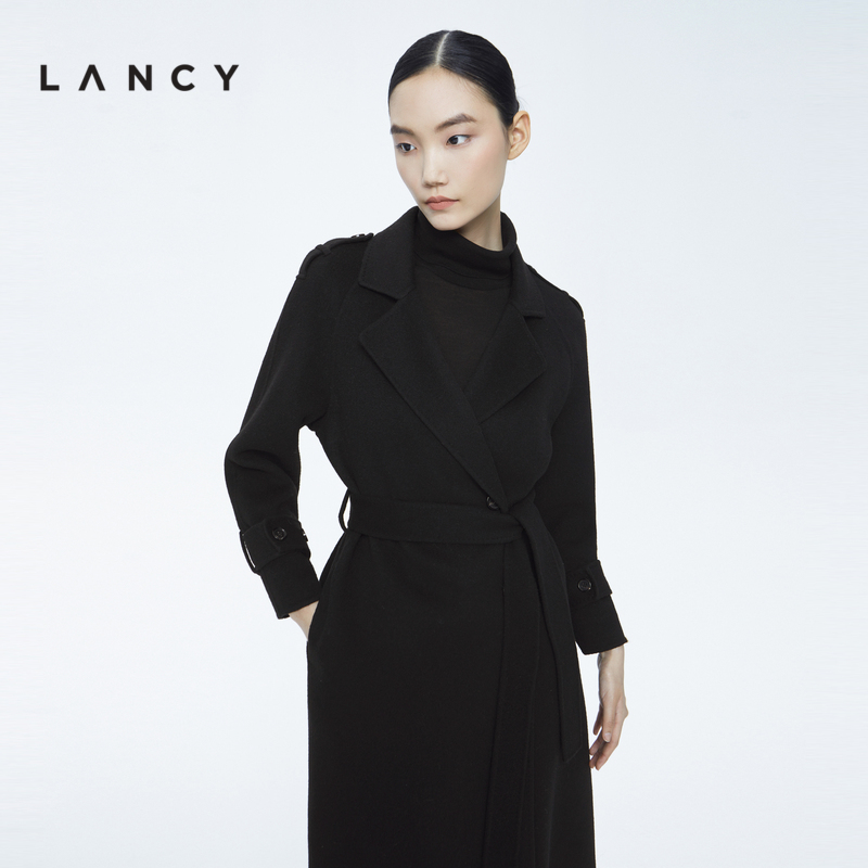 LANCY/朗姿羊毛大衣2022冬季新款中长款黑色职业高级感通勤外套