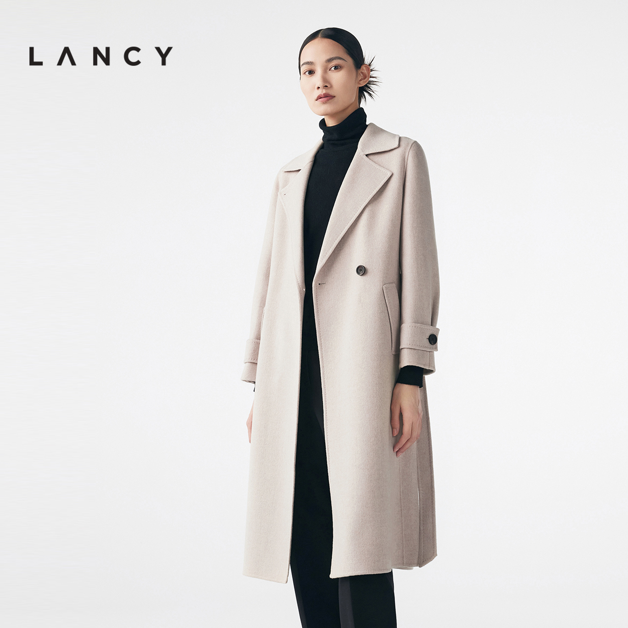 LANCY/朗姿羊毛桑蚕丝大衣冬季新款宽松中长款毛呢外套女收腰通勤