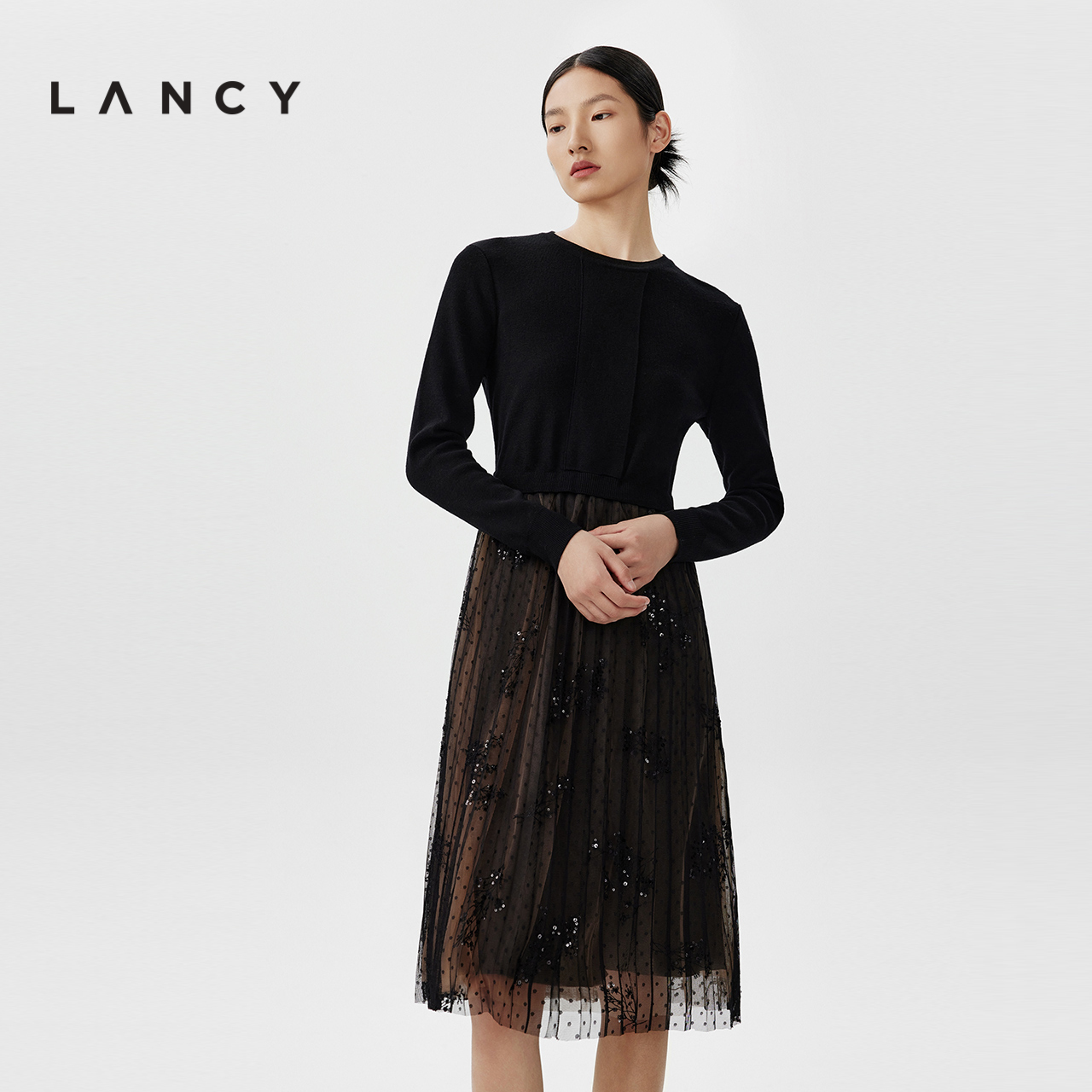 LANCY/朗姿针织网纱拼接连衣裙秋冬新款长袖法式高级感显瘦裙子女