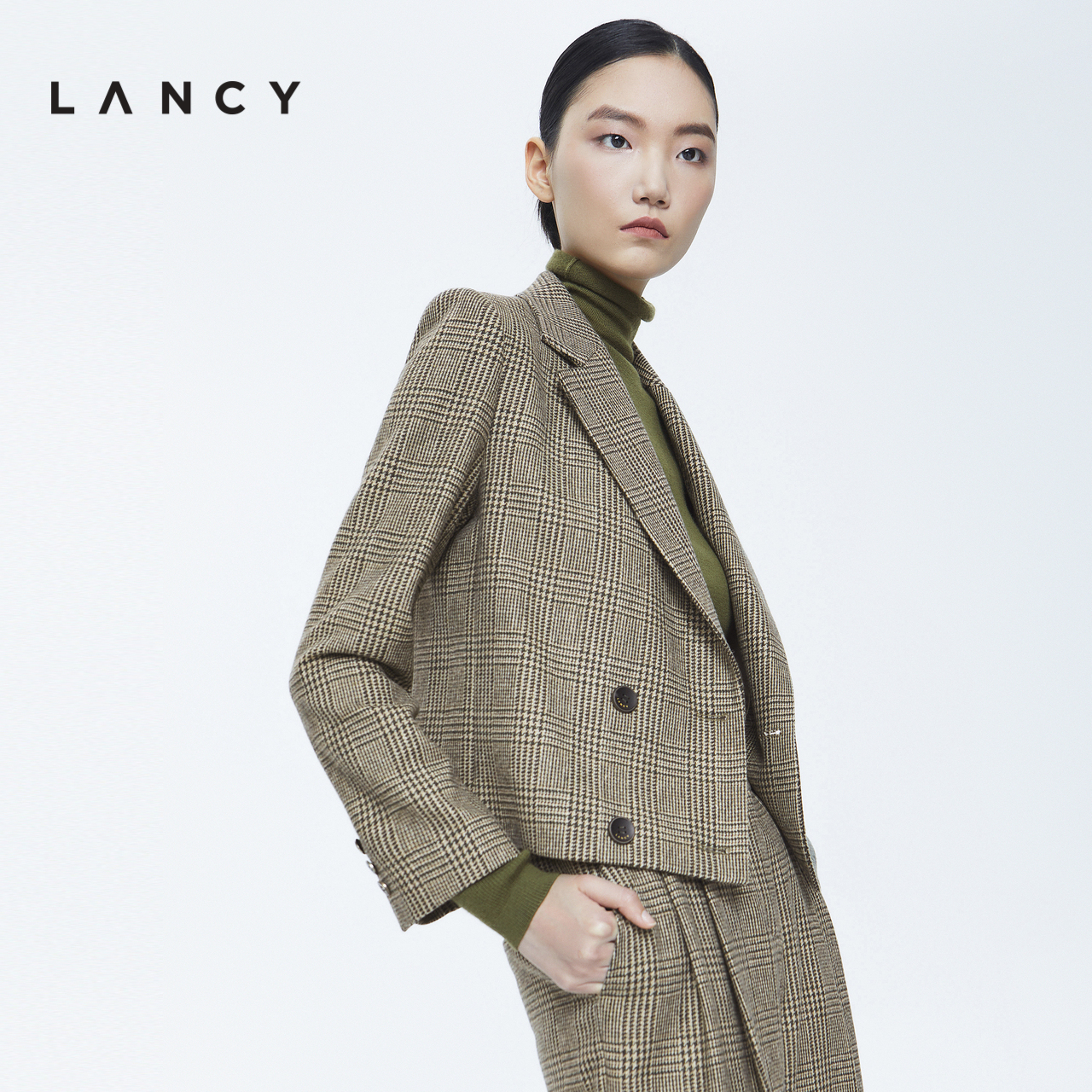 LANCY/朗姿秋冬短款羊毛西装外套女修身英伦风高级感通勤格子西服