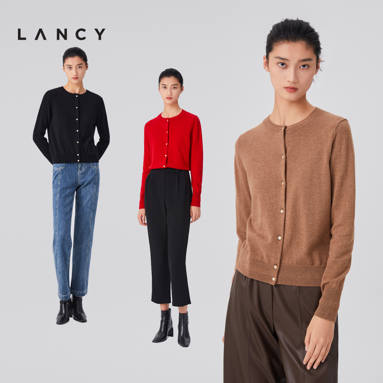 LANCY/朗姿早春新款圆领羊绒羊毛针织开衫宽松长袖软糯毛衣女 - 图0