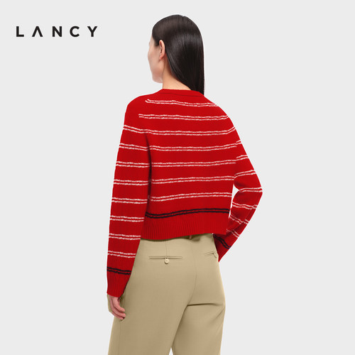 【马踏春风】LANCY/朗姿2026春季新款纯羊毛复古条纹短针织开衫女 - 图2