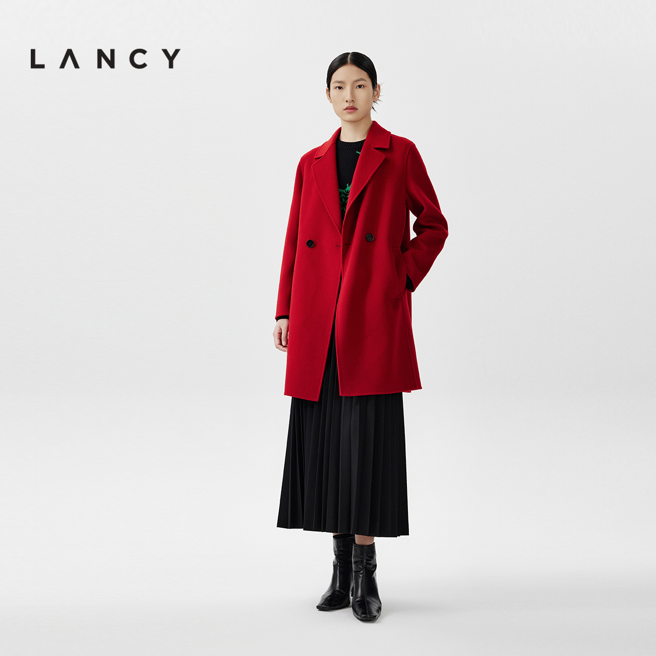 LANCY/朗姿纯羊毛双面呢毛呢大衣冬季新款高级感气质中长款外套女