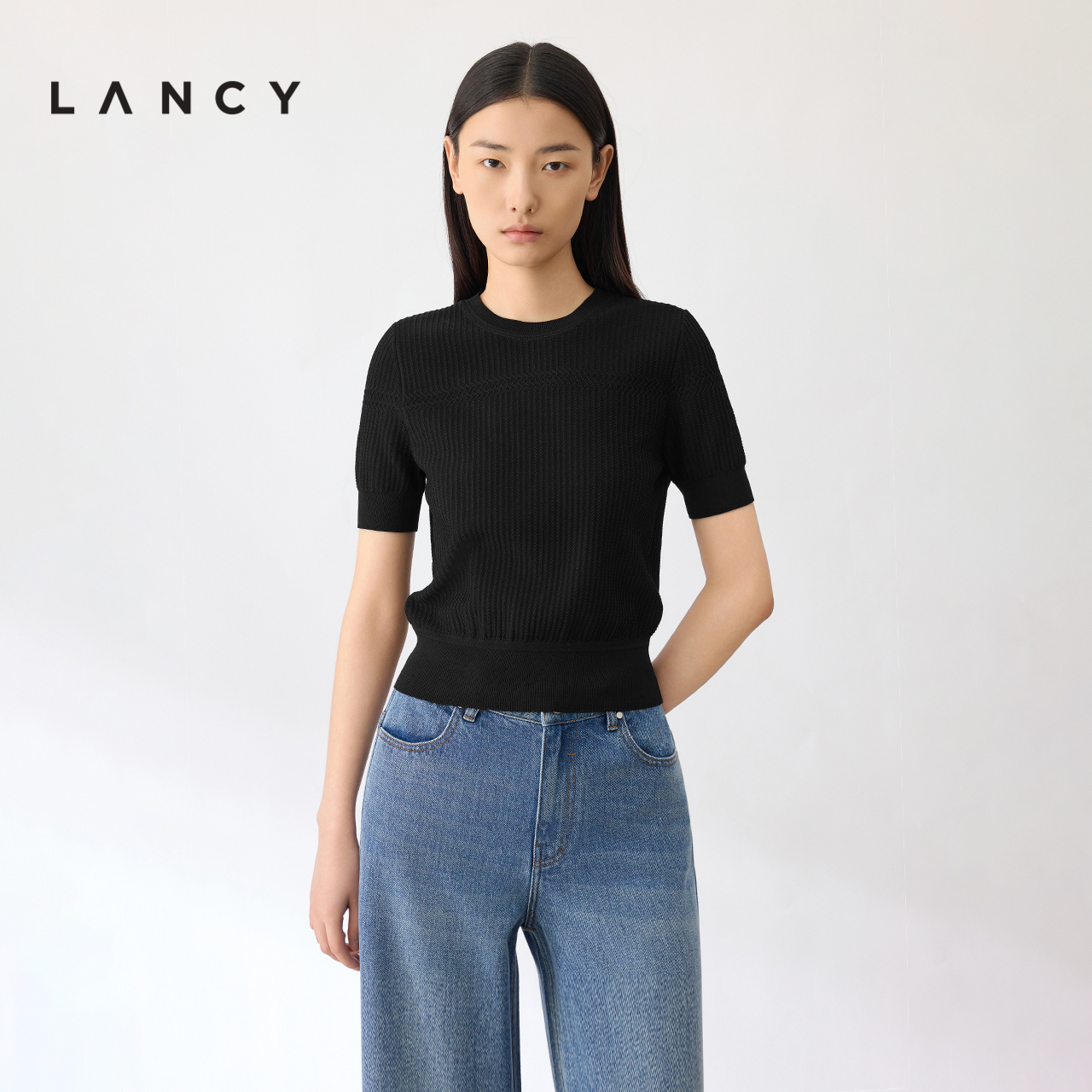 LANCY/朗姿2024夏季新款圆领短袖针织衫收腰显瘦百搭打底t恤女