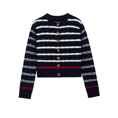 【马踏春风】LANCY/朗姿2026春季新款纯羊毛复古条纹短针织开衫女 - 图3