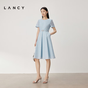 【重工提花】LANCY/朗姿24夏新款暗纹桑蚕丝气质收腰连衣裙a字女
