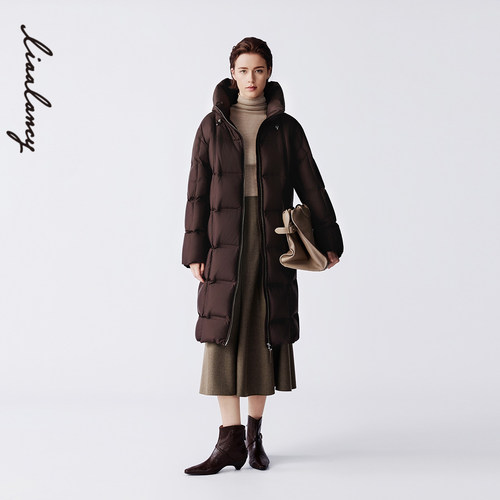 【匈牙利白鹅绒】LANCY/朗姿2025冬新款简约百搭连帽中长羽绒服女 - 图0