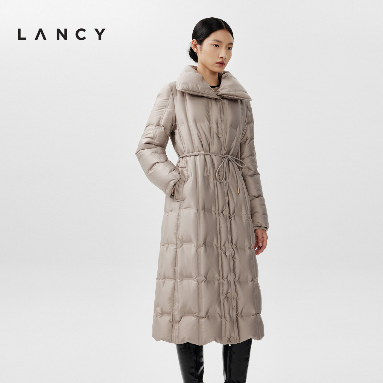 LANCY/朗姿2023冬季新款立领收腰气质白鹅绒羽绒服女高级感中长款-图2