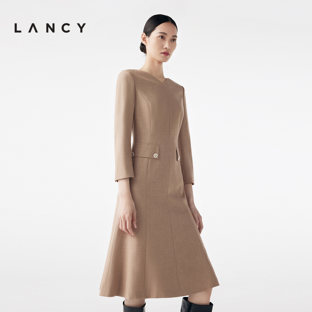 LANCY/朗姿2023秋冬新款修身羊毛连衣裙中长款轻熟优雅气质裙子女