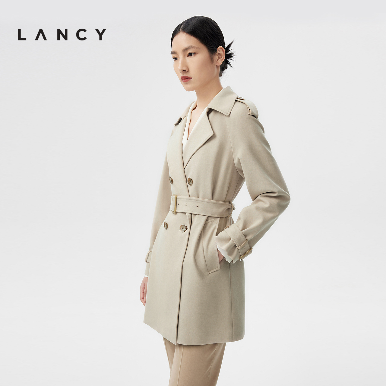 LANCY/朗姿春季新款修身风衣女收腰显瘦高级感双排扣宽松外套女