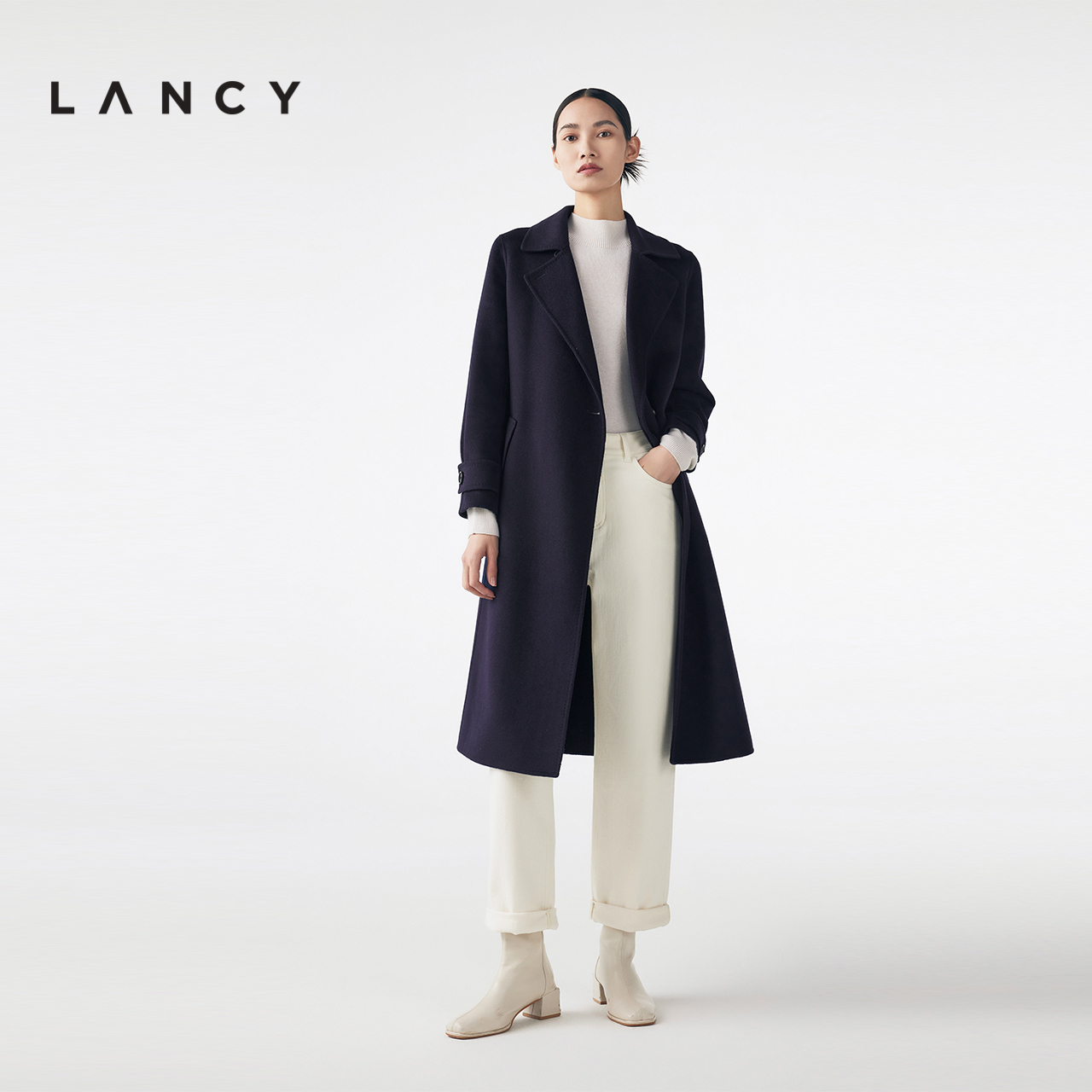 LANCY/朗姿羊毛桑蚕丝大衣冬季新款宽松中长款毛呢外套女收腰通勤