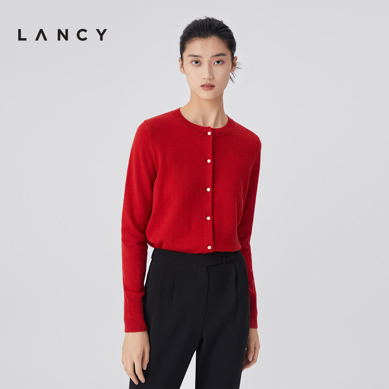 LANCY/朗姿早春新款圆领羊绒羊毛针织开衫宽松长袖软糯毛衣女