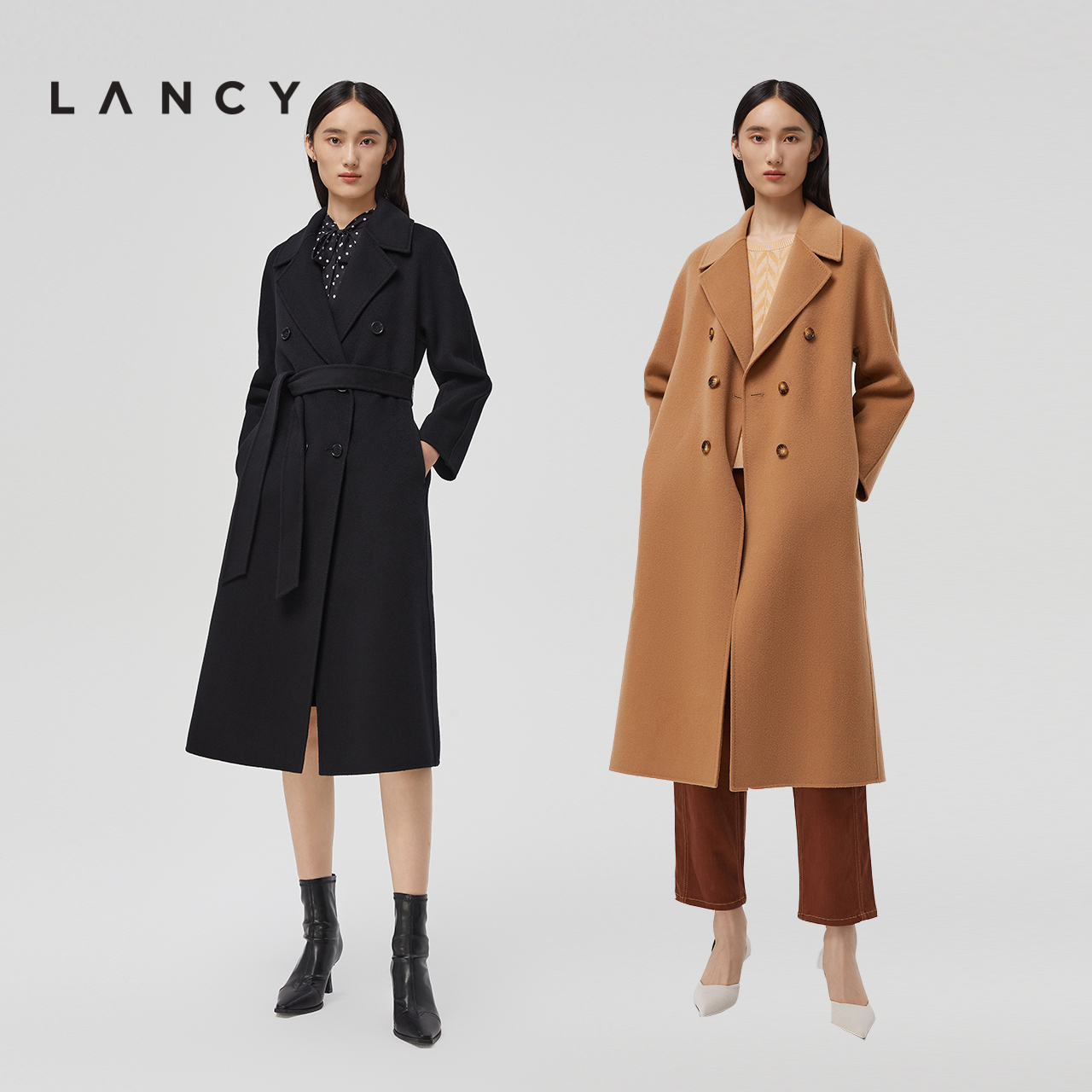 LANCY/朗姿秋冬季新款廓形羊毛大衣中长款通勤宽松休闲毛呢外套女