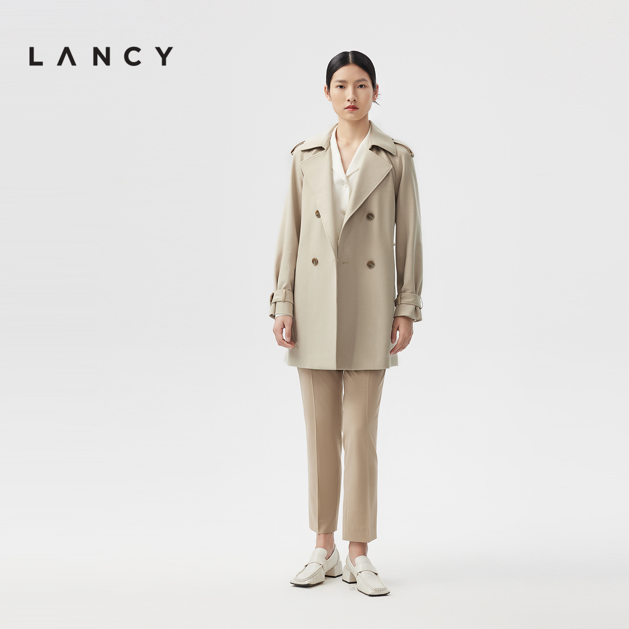 LANCY/朗姿春季新款修身风衣女收腰显瘦高级感双排扣宽松外套女