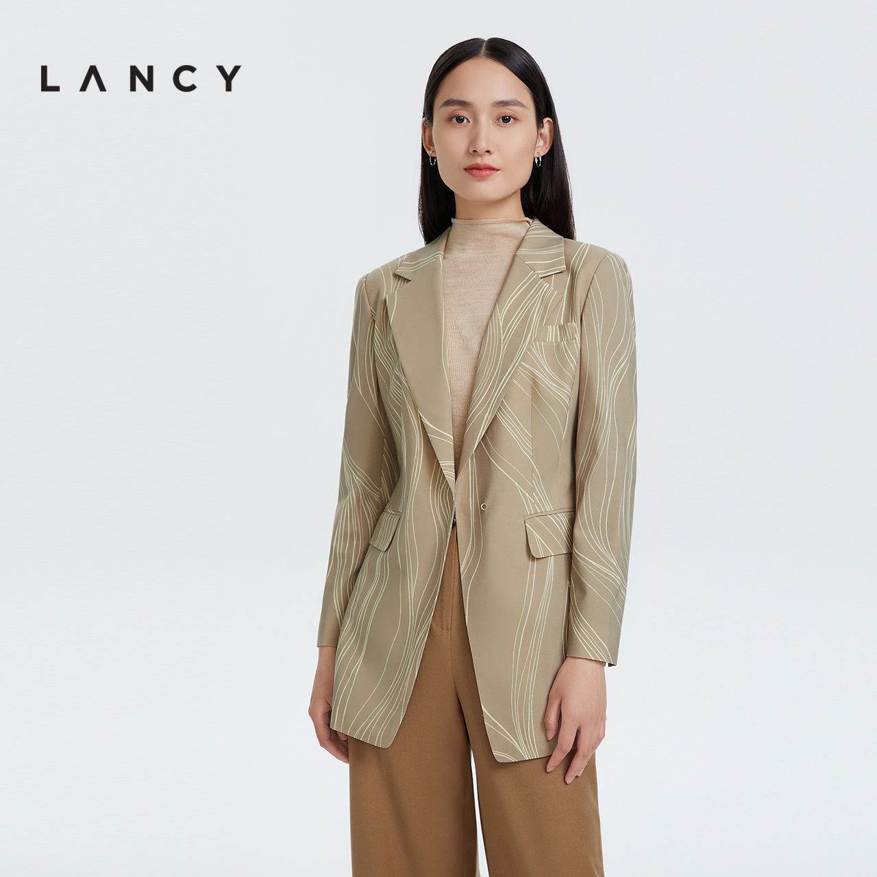 LANCY/朗姿秋季新款印花羊毛西装商务通勤高级感法式收腰外套女士