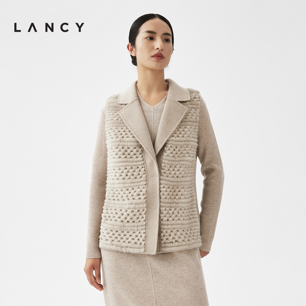 LANCY/朗姿2023冬季新款女士皮草马甲气质水貂毛无袖外套兔毛上衣