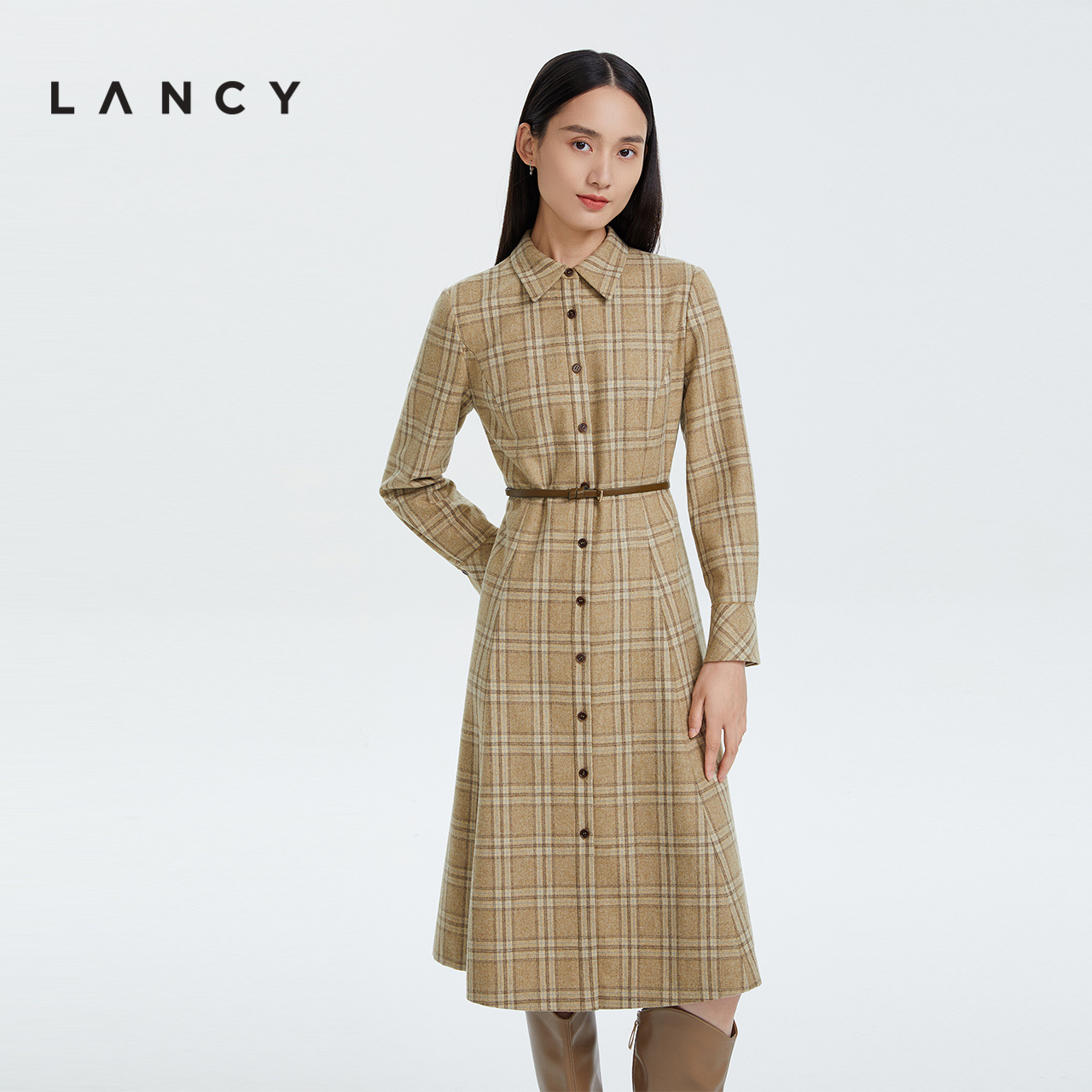 LANCY/朗姿羊毛2022冬季新款格纹衬衫连衣裙子女中长款通勤女裙子