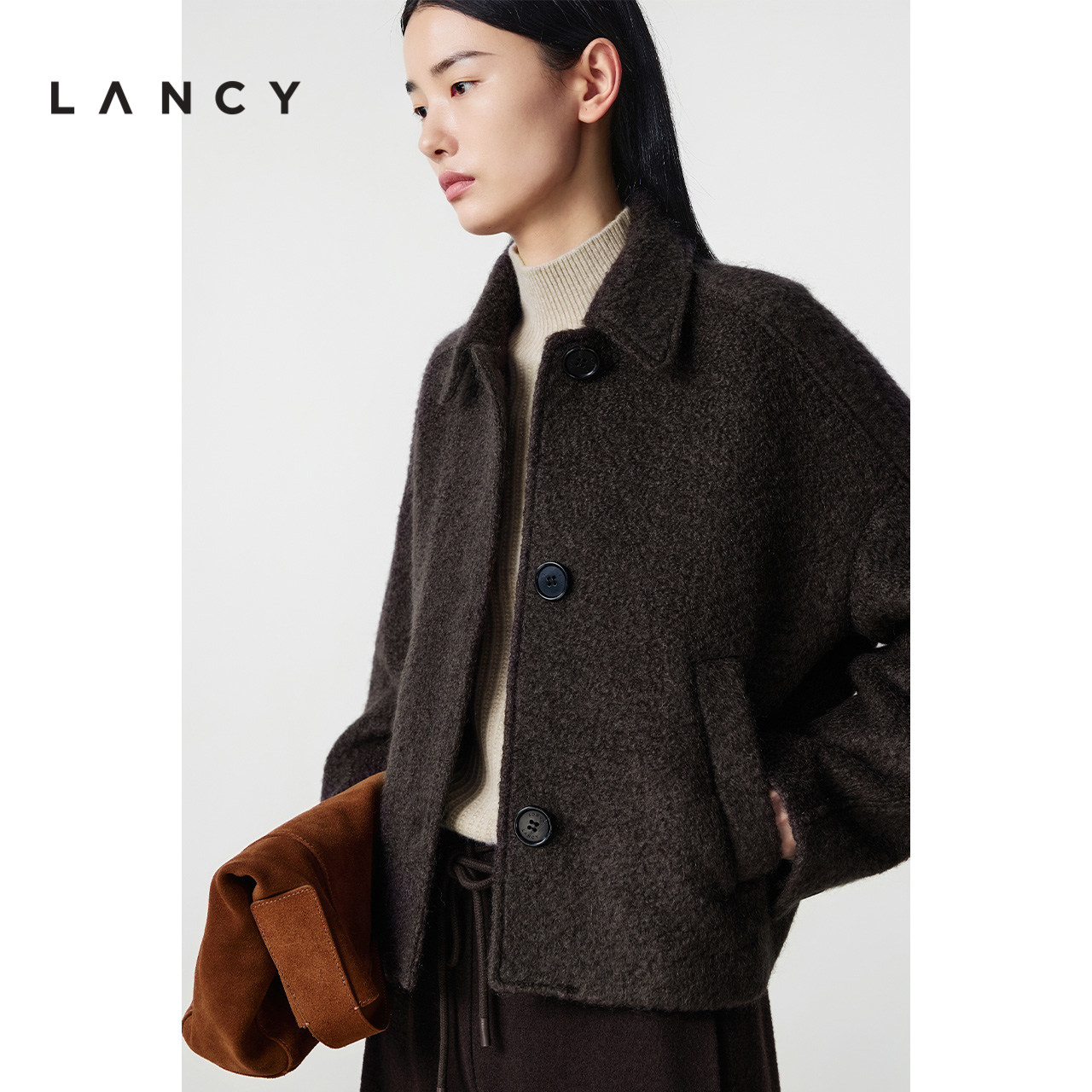 LANCY/朗姿2025冬新款复古简约羊毛马海毛短款大衣女翻领毛呢外套,淘宝优惠券,粉丝福利购,淘宝优惠卷