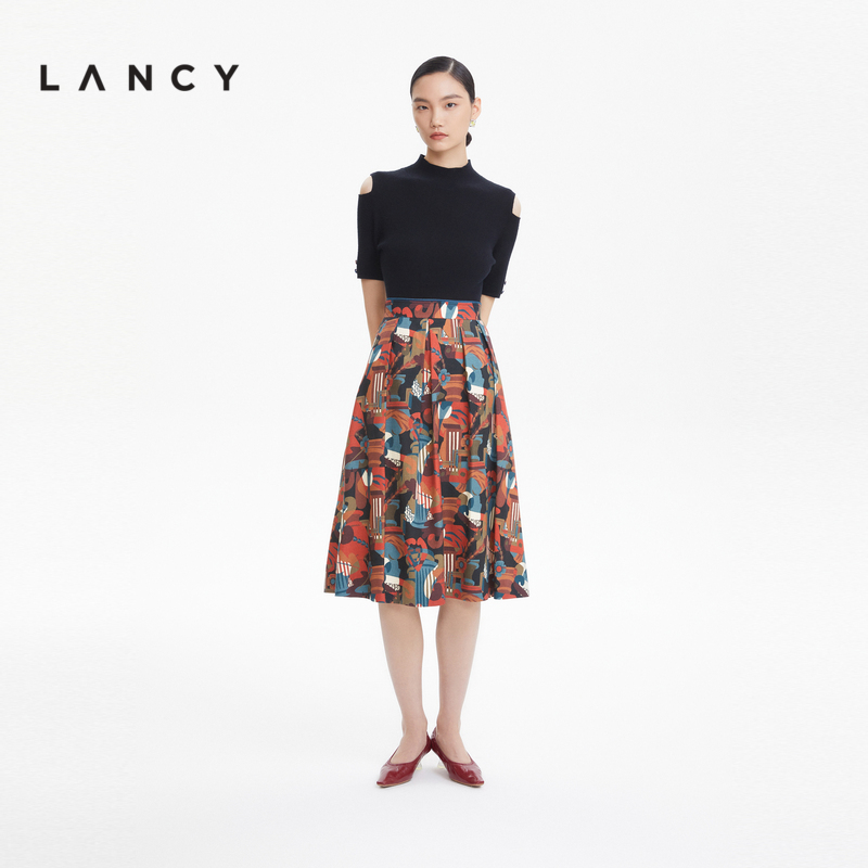 LANCY/朗姿秋冬新款印花高腰压褶半身裙法式优雅高级感a字裙子女