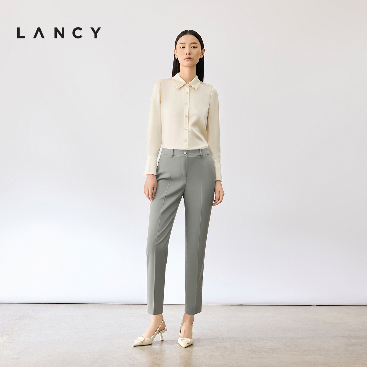 LANCY/朗姿夏季高腰直筒西装裤商务显瘦小脚九分垂感烟管西裤子女