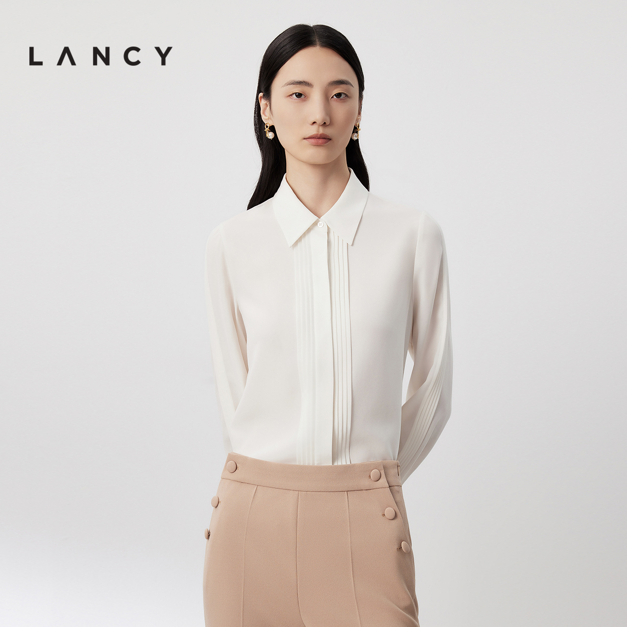 LANCY/朗姿2024春季新款修身醋酸正装白衬衫女气质通勤OL职业上衣