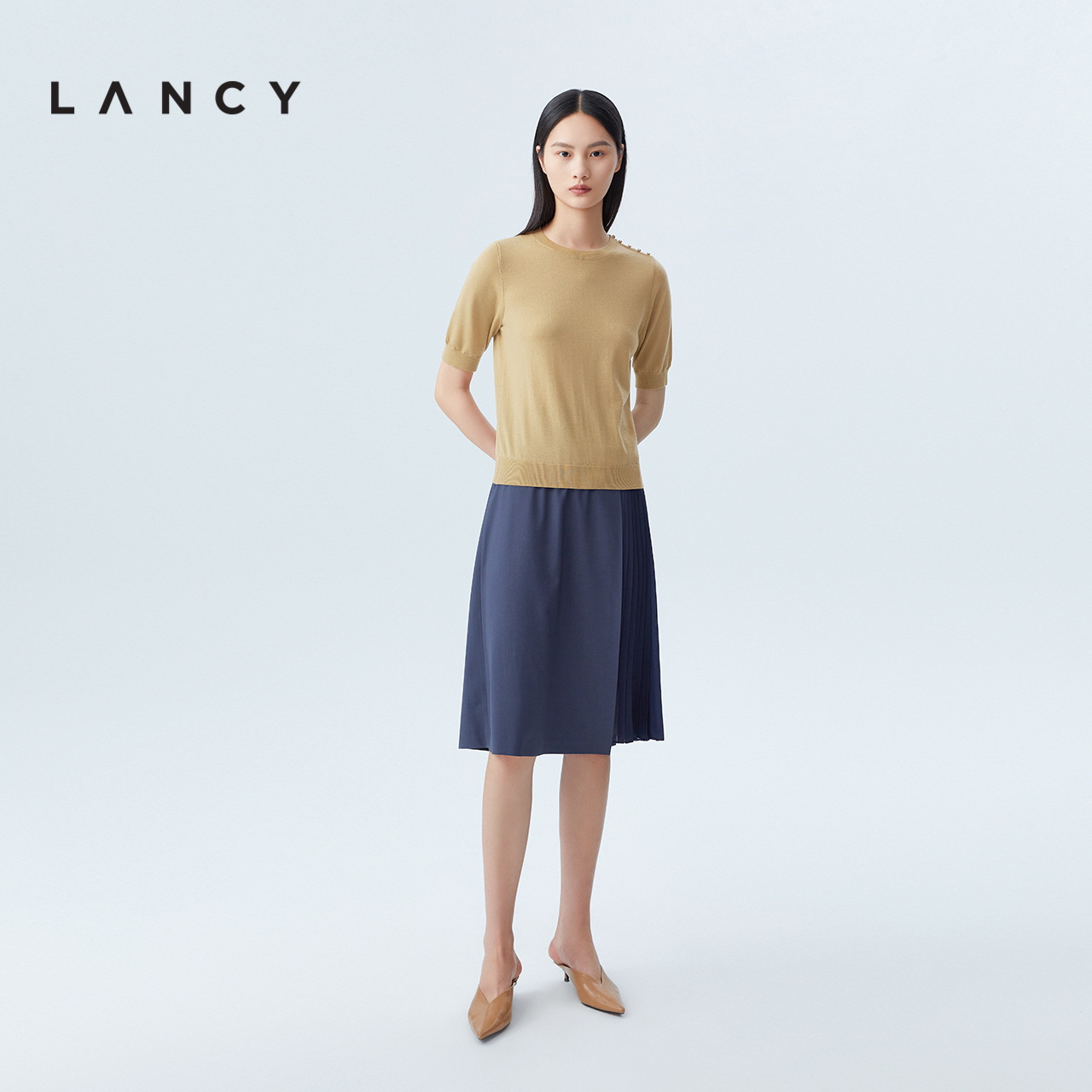 【羊毛】LANCY/朗姿2023秋季新款套头毛针织衫女短袖宽松内搭上衣