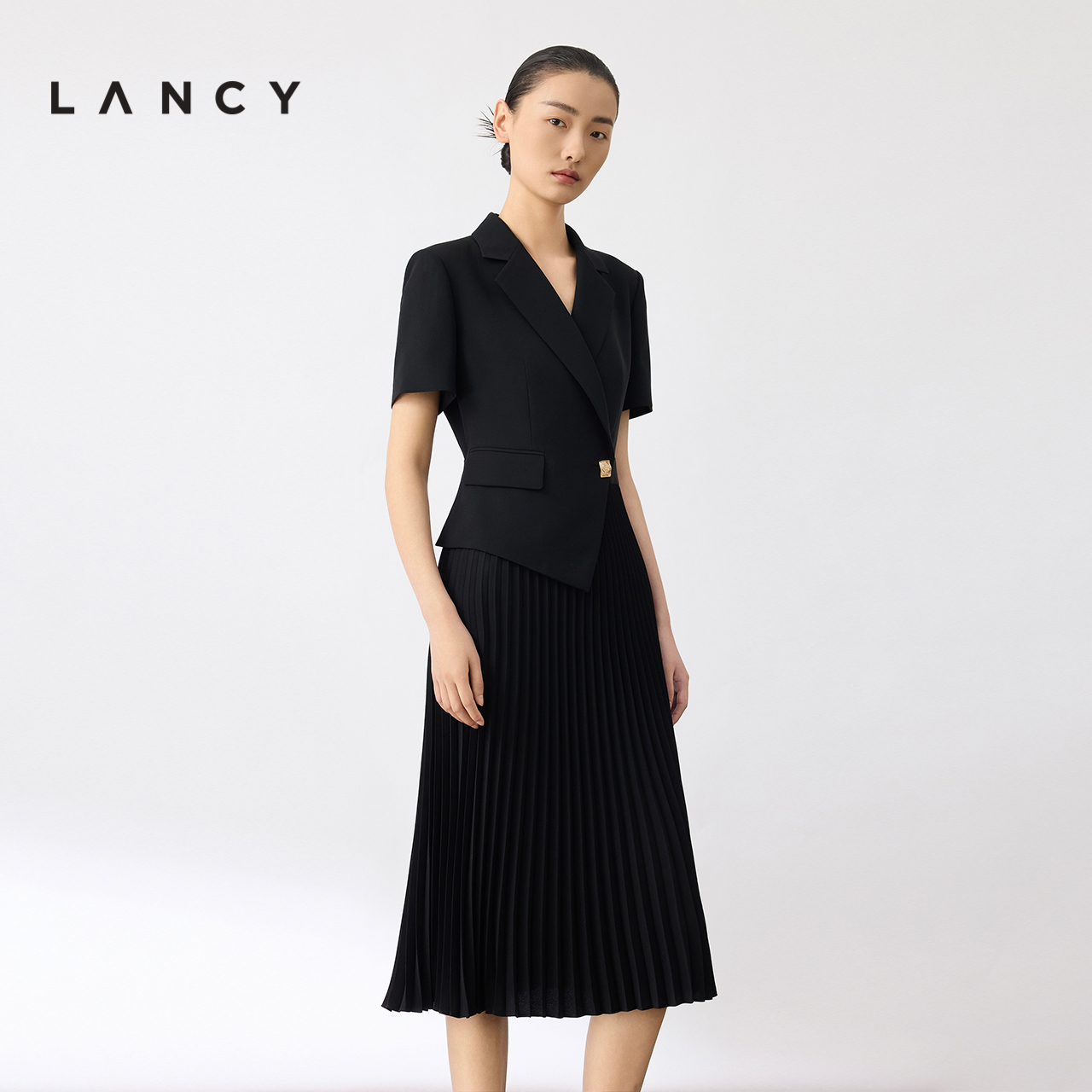 LANCY/朗姿2024夏季新款黑色拼接西装连衣裙女收腰显瘦假两件裙子