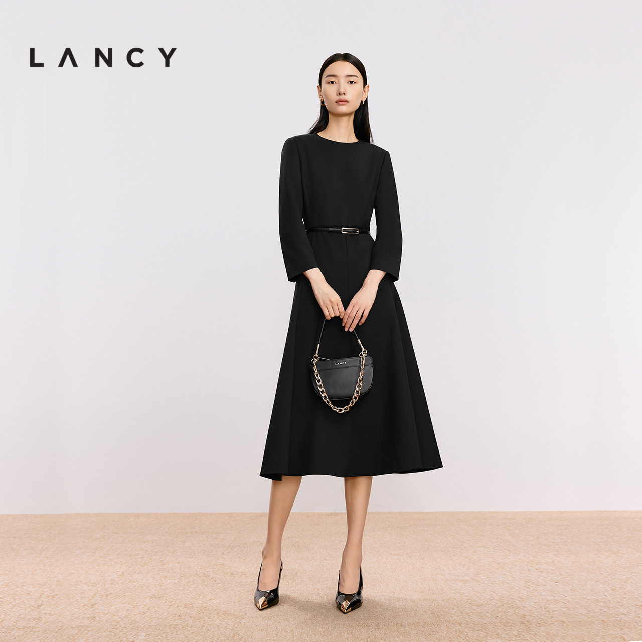 LANCY/朗姿2024冬羊毛高级感长袖显瘦气质高端连衣裙中长款裙子女,淘宝优惠券,粉丝福利购,淘宝优惠卷