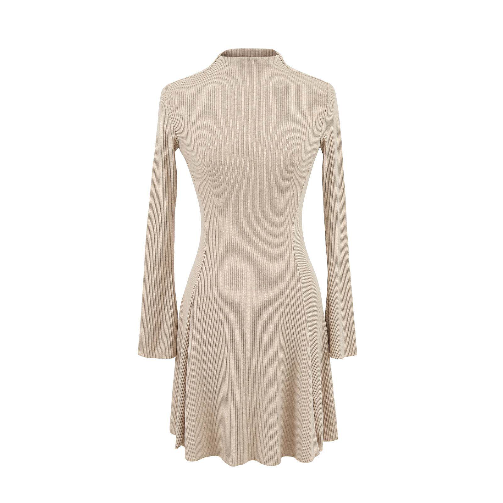 法式赫本风半高领喇叭袖针织长袖连衣裙女秋冬收腰显瘦内搭打底裙