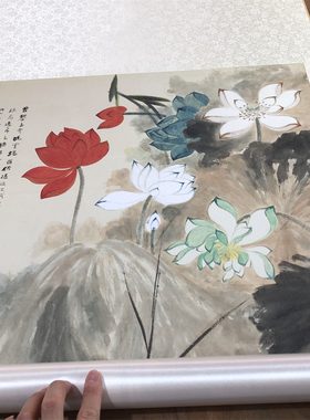 张大千五色荷花池塘客厅酒饭店楼书房乔迁立轴国画微喷复制装饰画