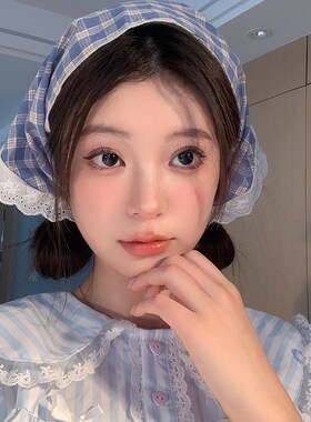 现货田园风ins~韩系甜美格子三角头巾女海边度假网红拍照百搭绑系