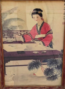 速发复古框旧装饰画老式挂十红楼梦画二金钗木怀画80年代老物件