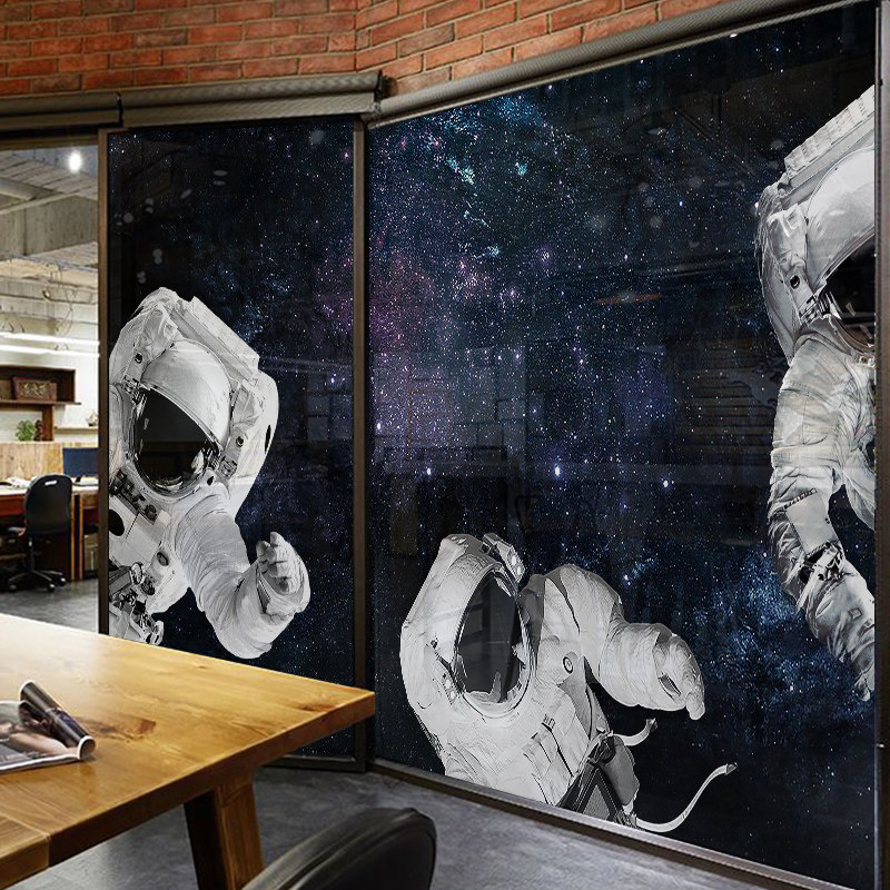 速发办公室磨断玻璃贴画太空宇贴员装饰隔砂静电玻璃航门贴纸 - 图0