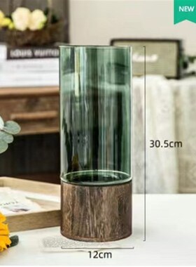 现货北欧ins创意玻璃花瓶圆木底座 客厅餐桌水养鲜V花插花装饰摆