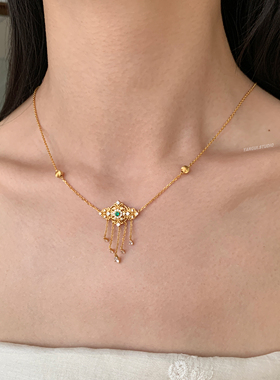 燕归鎏金玉国风纯银轻奢项链女