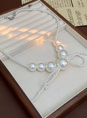 欧美夸张大圆珍珠蝴蝶结项链锁骨